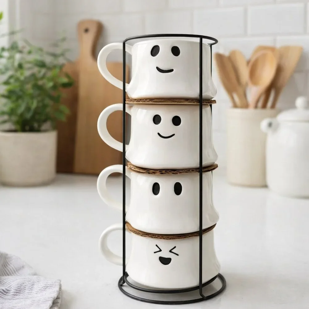 NEW Ceramic Ghost Mugs Mug Set of 4 Stacking Stackable White Marshmallow Stonewa
